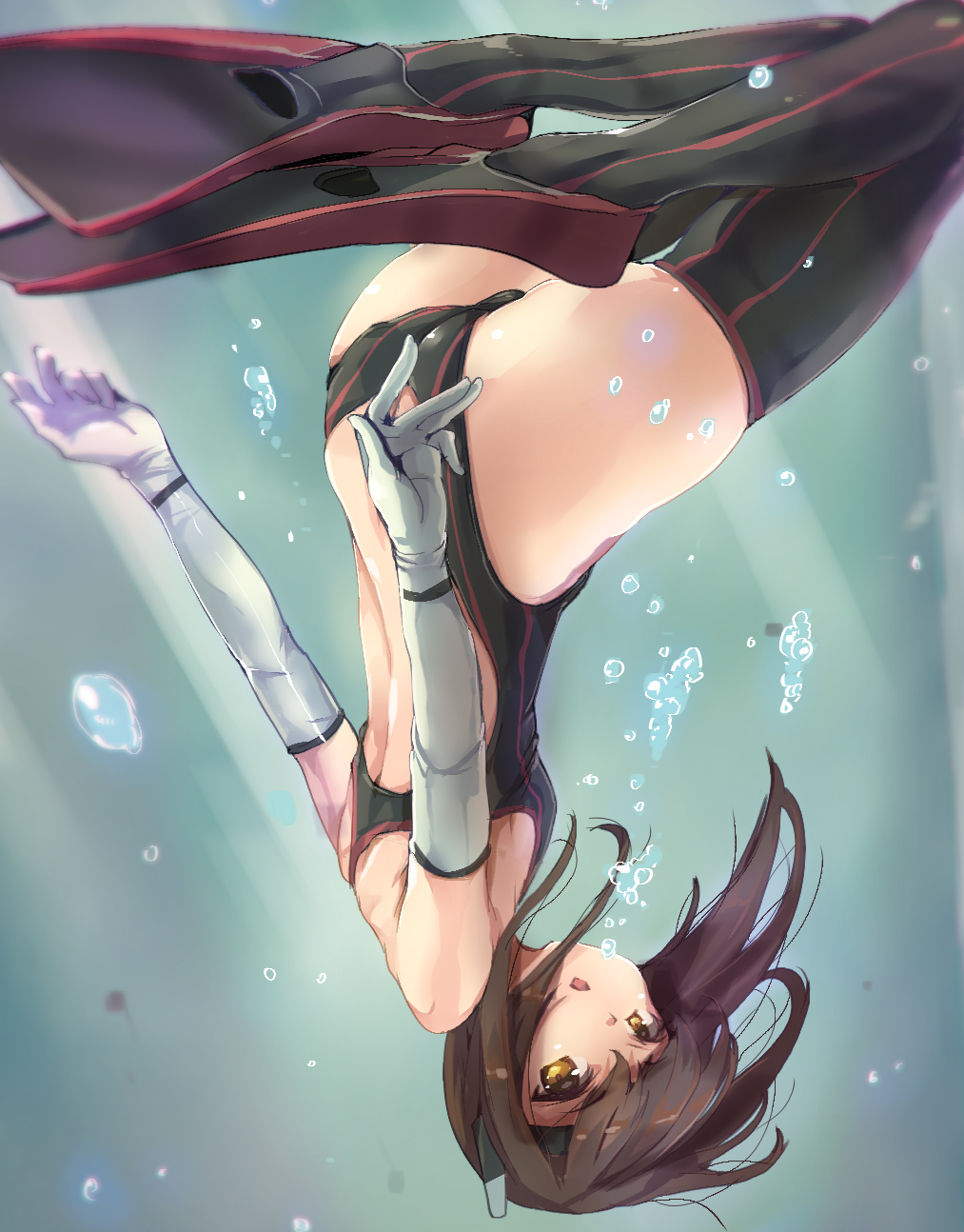 1girl afloat air_bubble armadillo-tokage arms_at_sides ass backless_outfit bare_shoulders bent_knees brown_hair bubble elbow_gloves floating floating_hair gloves hairband headgear highres kantai_collection looking_at_viewer one-piece_swimsuit open_mouth skindentation solo submerged swimsuit taihou_(kantai_collection) thigh-highs thighs underwater upside-down water white_gloves yellow_eyes