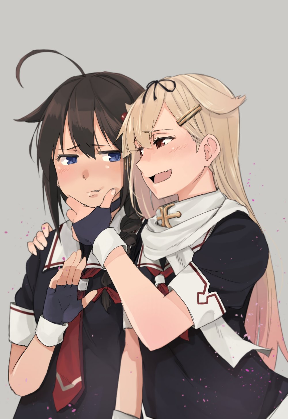 2girls :d ahoge black_gloves black_hair black_serafuku blonde_hair blue_eyes blush braid chin_grab choker eye_contact fang female fingerless_gloves gloves grey_background hair_flaps hair_ornament hair_over_shoulder hairclip half-closed_eyes hand_on_another's_shoulder highres kantai_collection long_hair looking_at_another looking_to_the_side multiple_girls neck neckerchief open_mouth parted_lips red_eyes remodel_(kantai_collection) scarf school_uniform serafuku shigure_(kantai_collection) short_sleeves single_braid upper_body wataro_(watawatawatapon) yuri yuudachi_(kantai_collection)