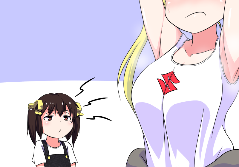 &gt;:&lt; 2girls :&lt; armpits arms_up bakuon!! blonde_hair breast_envy breasts closed_mouth commentary_request hair_ribbon large_breasts magure_senshi mole multiple_girls nakano_chisame overalls ribbon short_twintails suzunoki_rin tank_top twintails