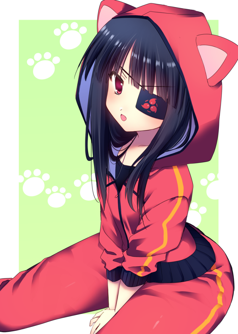 1girl animal_hood bangs between_legs black_eyepatch black_hair cat_hood eyebrows_visible_through_hair eyepatch fang hand_between_legs hood hood_up hoodie long_hair mirai_(senran_kagura) mitsudomoe_(shape) nnmi11 open_mouth pants paw_print pink_eyes red_hoodie red_pants senran_kagura single_vertical_stripe sitting solo tomoe_(symbol) v-shaped_eyebrows