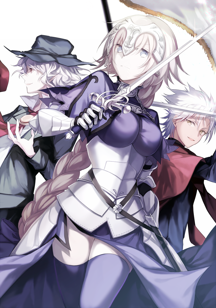 1girl 2boys armor armored_dress black_hat braid breasts capelet chains coat cowboy_shot edmond_dantes_(fate/grand_order) fate/apocrypha fate/grand_order fate_(series) flag gauntlets hat headpiece kotomine_shirou long_hair looking_at_viewer messy_hair multiple_boys necktie purple_legwear red_coat red_necktie ruler_(fate/apocrypha) ruler_(fate/grand_order) single_braid smile spiky_hair sword thigh-highs very_long_hair weapon wowishi