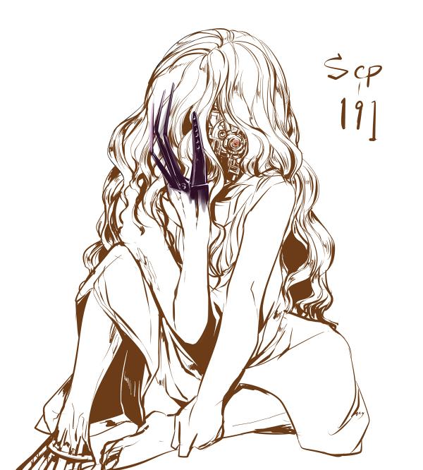 1girl clenched_hand commentary_request curly_hair cyborg ichi_ka knee_up mechanical_foot mechanical_hand mechanical_parts monochrome red_eyes robotic_parts scp-191 scp_foundation sitting