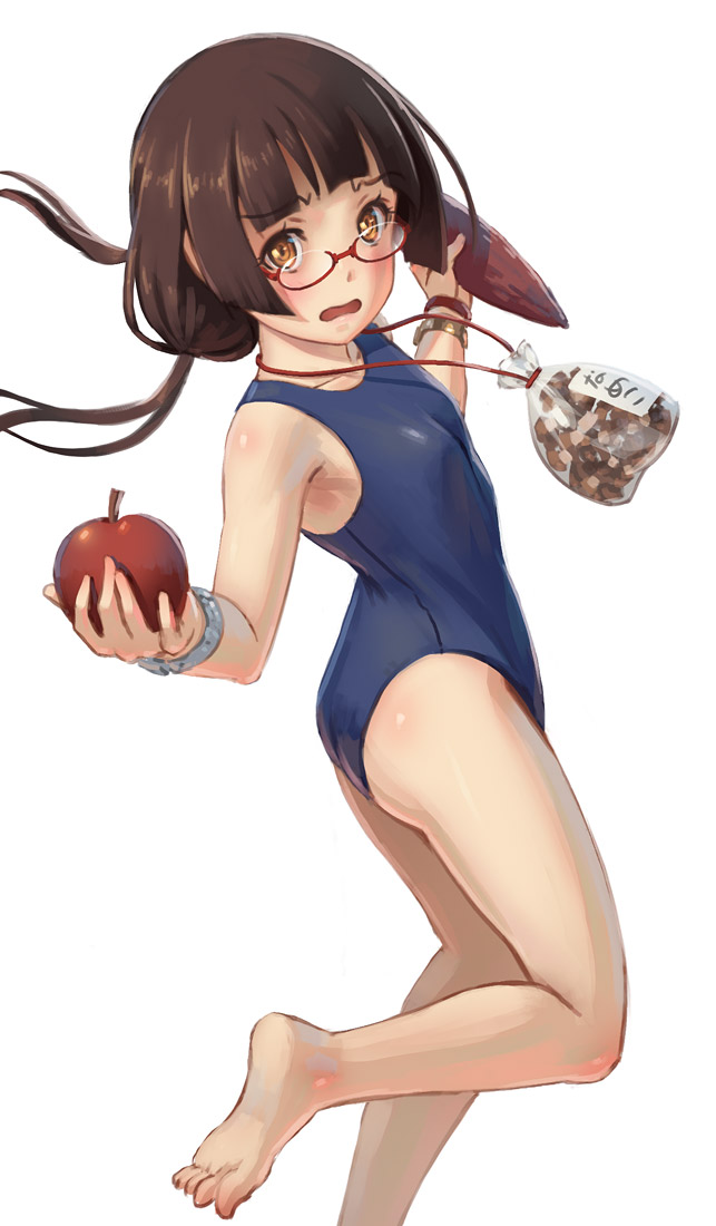 1girl :o amayadori_machi apple armpits ass bag bangs barefoot bespectacled black_hair blue_swimsuit blunt_bangs blush bracelet breasts brown_eyes error feet flat_ass floating_hair food from_side fruit glasses hime_cut holding jewelry kumamiko leg_lift legs long_hair looking_at_viewer looking_back low_twintails necklace one-piece_swimsuit one_leg_raised open_mouth orange_eyes outstretched_arms pinakes red-framed_eyewear school_swimsuit semi-rimless_glasses simple_background small_breasts soles solo spread_arms standing standing_on_one_leg swimsuit transparent twintails under-rim_glasses wavy_mouth white_background