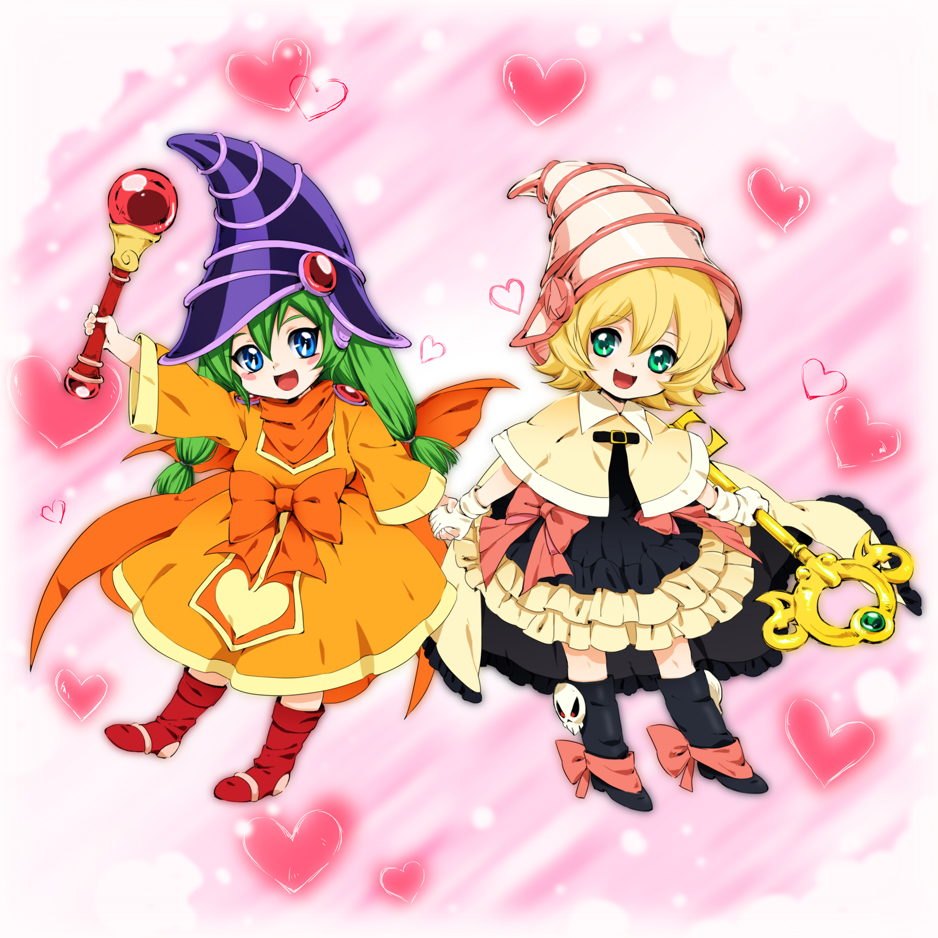 2girls black_legwear blonde_hair blue_eyes blush boots bow capelet card_ejector chiyo_(no3baki) dress duel_monster gagaga_sister gloves green_eyes green_hair hat long_hair multiple_girls open_mouth skirt skull smile staff white_gloves witch_hat wizard_hat yu-gi-oh!