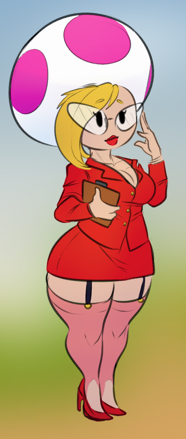 1girl adjusting_glasses blonde_hair breasts cleavage clipboard eigaka female garter_straps glasses high_heels huge_breasts jolene lips lipstick paper_mario pink_legwear red_lipstick red_shoes shoes skirt skirt_suit solo suit super_mario_bros. thick_thighs thigh-highs wide_hips