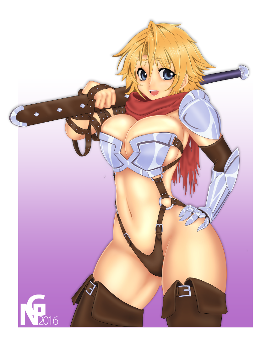 1girl bikini_armor blonde_hair blue_eyes breasts cleavage curvy large_breasts looking_at_viewer navel novagraph open_mouth short_hair smile solo standing sword wide_hips