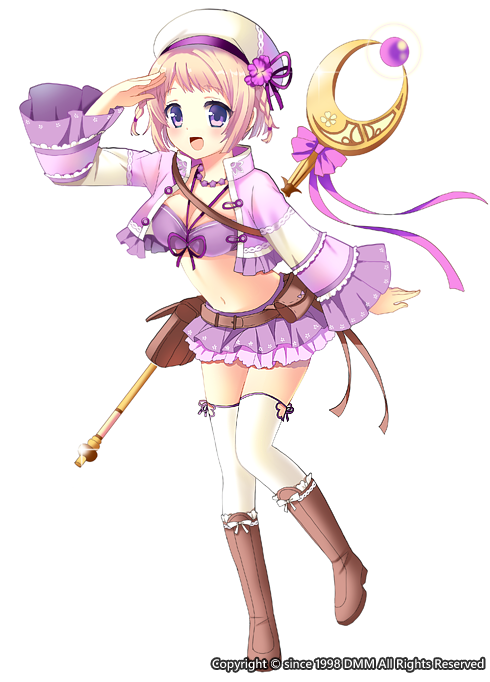 1girl :d beret blonde_hair boots bow bra brown_boots flower flower_knight_girl german_iris_(flower_knight_girl) hat hat_flower jacket knee_boots kurot looking_at_viewer official_art open_mouth pouch purple_bow purple_skirt short_hair skirt smile solo staff standing thigh-highs underwear violet_eyes white_background white_hat white_legwear