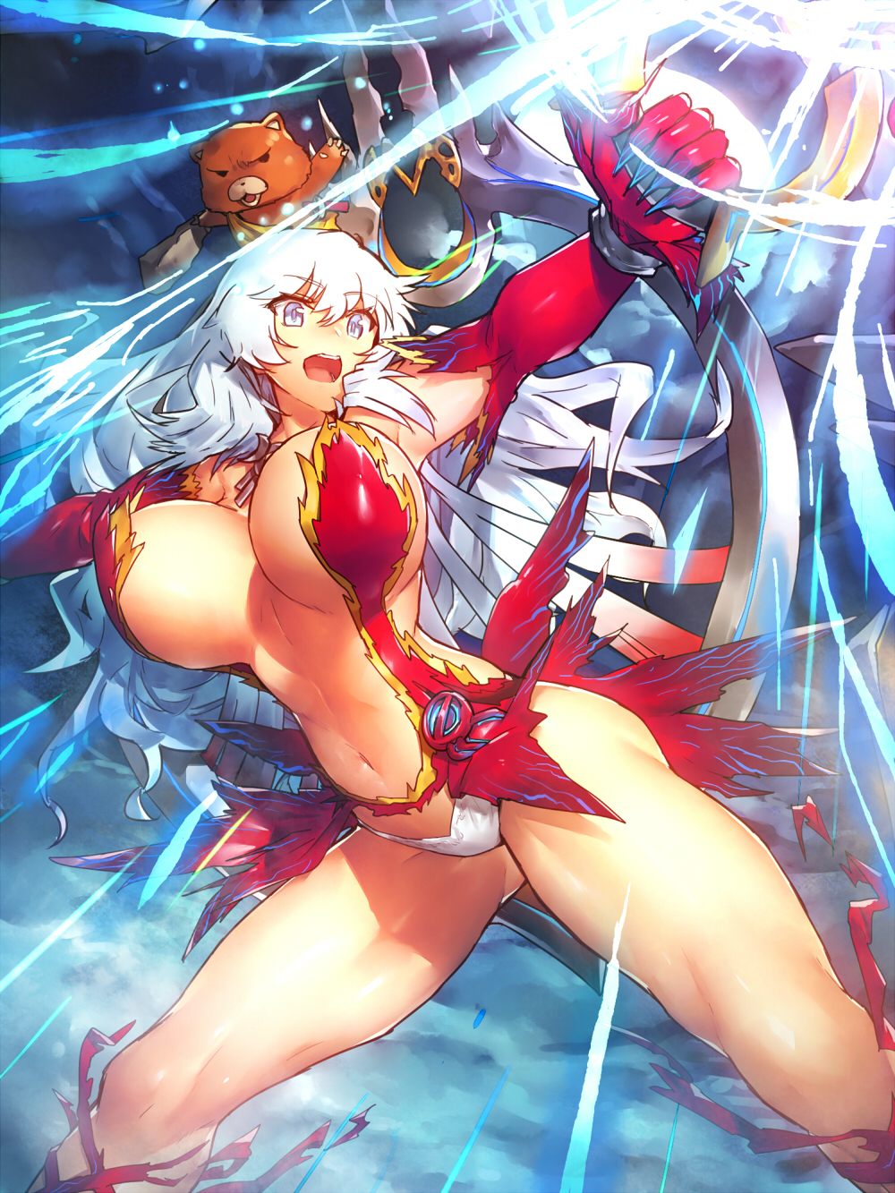 1girl artemis_(fate/grand_order) bare_shoulders boots bow_(weapon) breasts fate/grand_order fate_(series) grey_eyes highres huge_breasts knee_boots long_hair melon22 open_mouth orion_(fate/grand_order) outstretched_arms panties revision silver_hair spread_arms stuffed_animal stuffed_toy teddy_bear underwear weapon white_panties