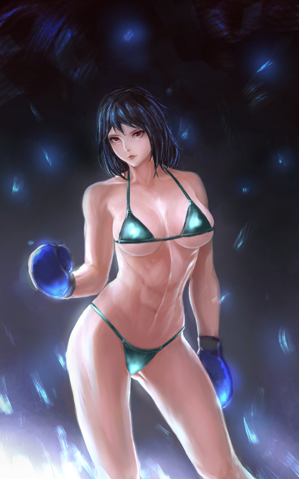 1girl abs arnon_nahlek bikini black_bikini black_hair boxing_gloves breasts commentary contrapposto cowboy_shot highres large_breasts lips original red_eyes revision short_hair solo swimsuit toned under_boob