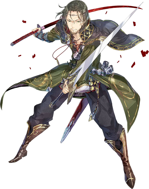 1boy atelier_(series) atelier_sophie beard boots brown_hair circlet facial_hair fritz_weissberg full_body green_eyes katana male_focus official_art simple_background solo sword teeth weapon white_background yuugen