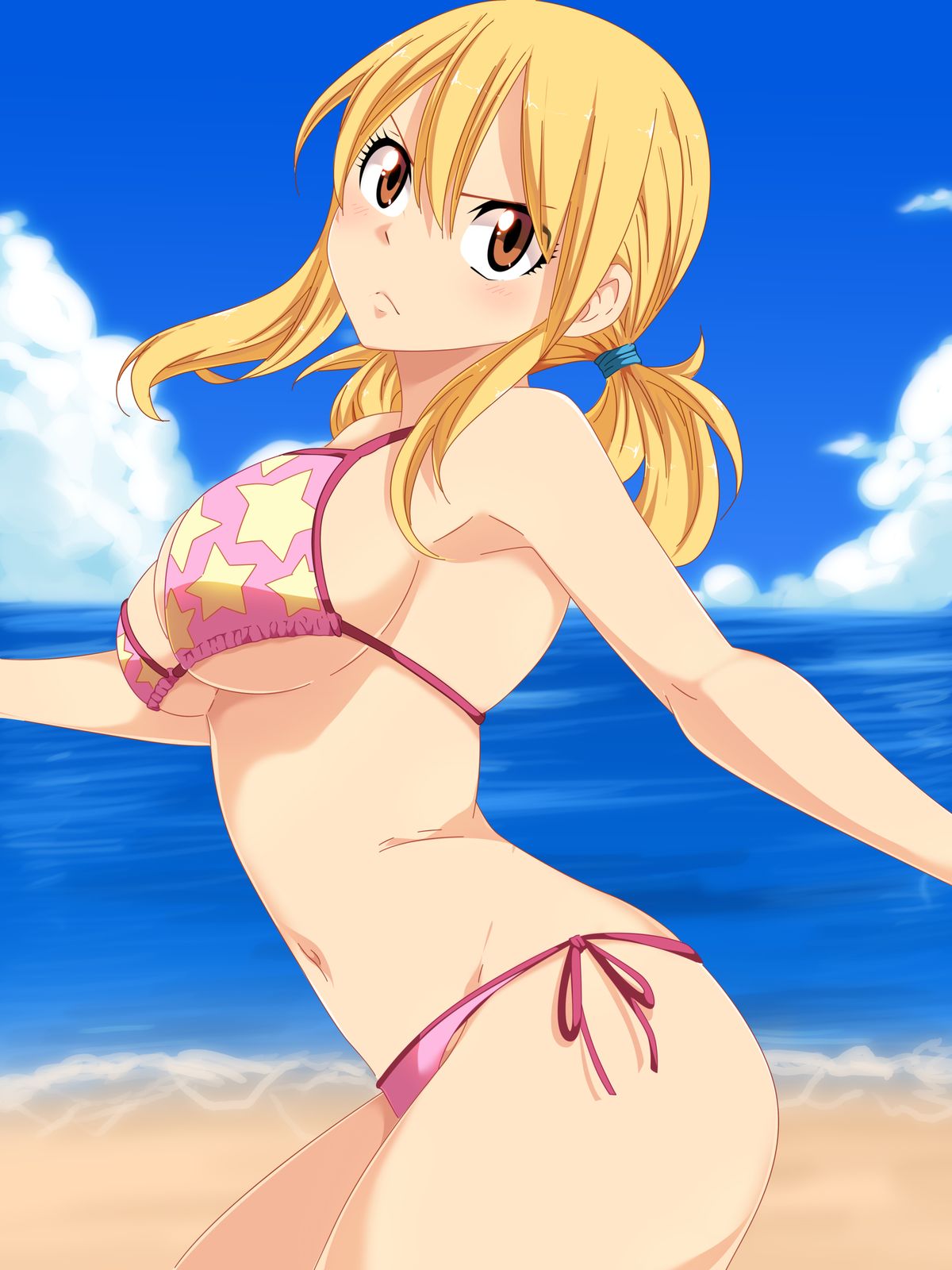 1girl absurdres beach bikini blonde_hair blue_sky breasts clouds fairy_tail gaston18 highres large_breasts legs lucy_heartfilia ponytail sand sea sky smile solo star swimsuit thighs water