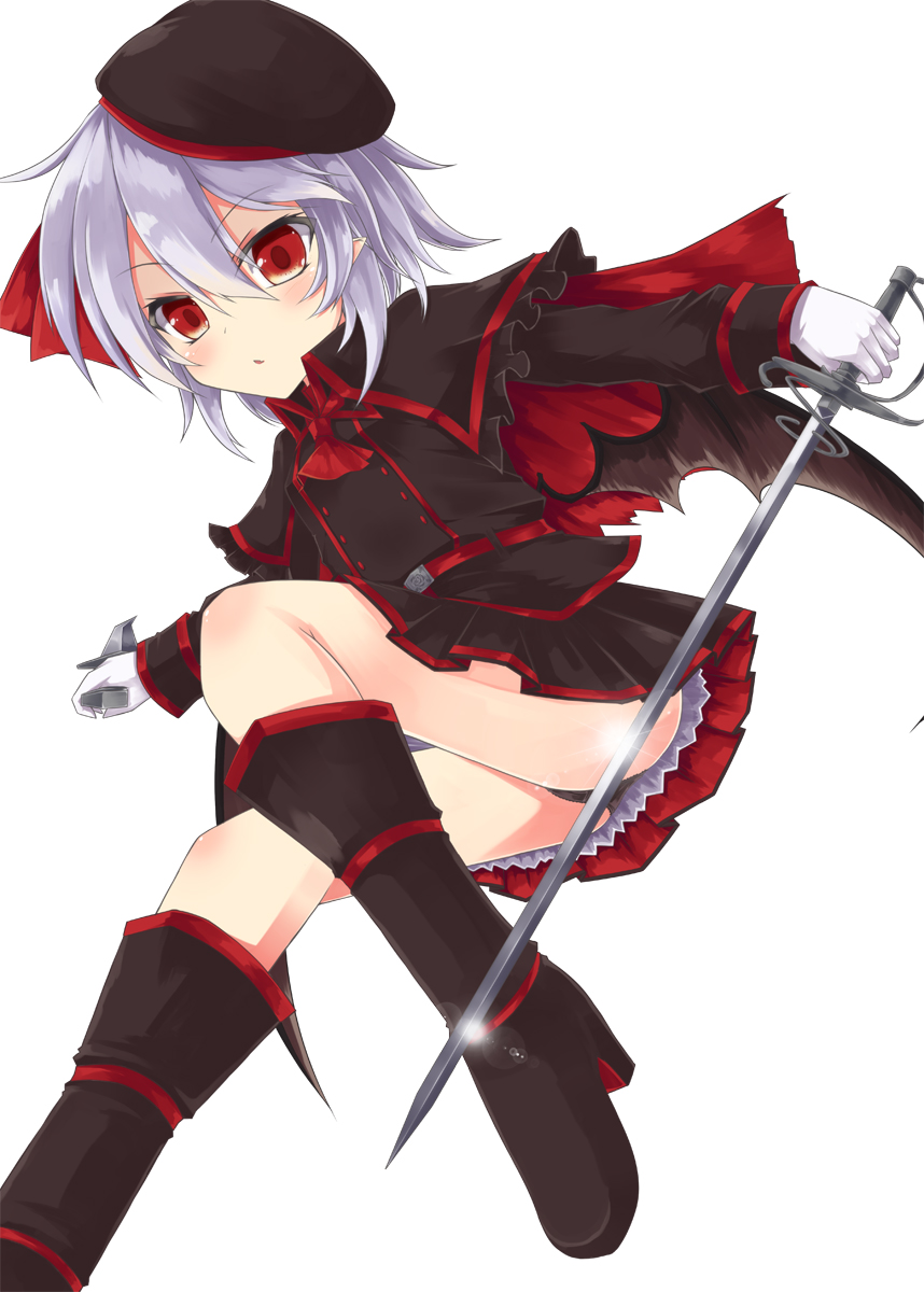 1girl akisome_hatsuka alternate_costume bat_wings black_panties black_shirt black_skirt capelet commentary_request dagger dual_wielding from_below full_body gloves hair_between_eyes hat highres lavender_hair looking_at_viewer low_wings miniskirt mob_cap open_mouth panties pointy_ears rapier red_eyes remilia_scarlet shirt short_hair skirt solo sword thighs touhou underwear upskirt vampire weapon white_gloves wings