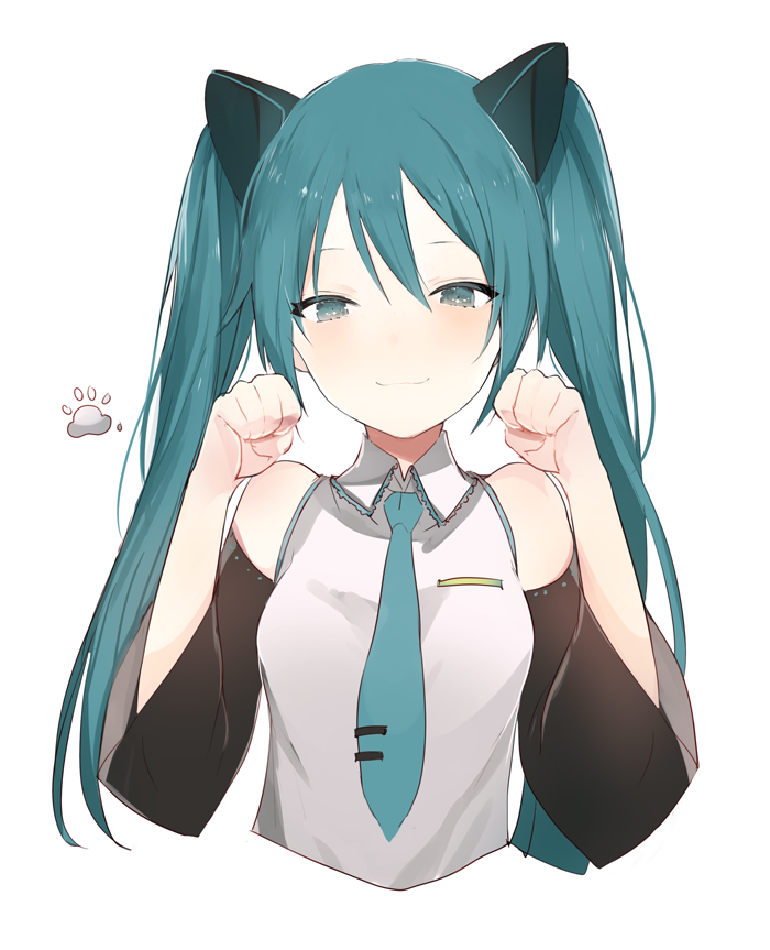 1girl :3 animal_ears aqua_necktie blue_eyes blush cat_ears closed_mouth collared_shirt detached_sleeves eyelashes female grey_shirt hair_between_eyes hatsune_miku kemonomimi_mode long_hair long_sleeves looking_at_viewer lp_(hamasa00) lpip necktie no_legs paw_pose paws shirt simple_background sleeveless sleeveless_shirt smile solo twintails upper_body vocaloid white_background wide_sleeves wing_collar