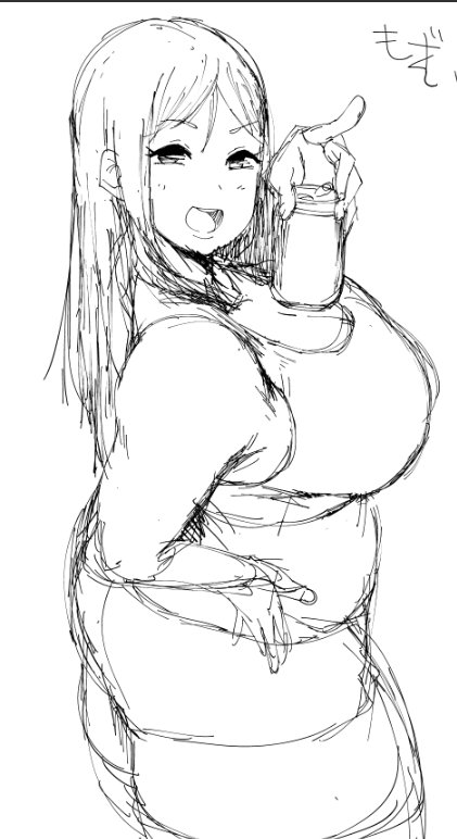 1girl bare_shoulders belly blonde_hair brand_name_imitation breasts cleavage fat hooters huge_breasts long_hair looking_at_viewer looking_back monochrome morisoba_(silent_hill) plump short_shorts shorts simple_background sketch solo tank_top thick_thighs thighs translation_request tray white_background