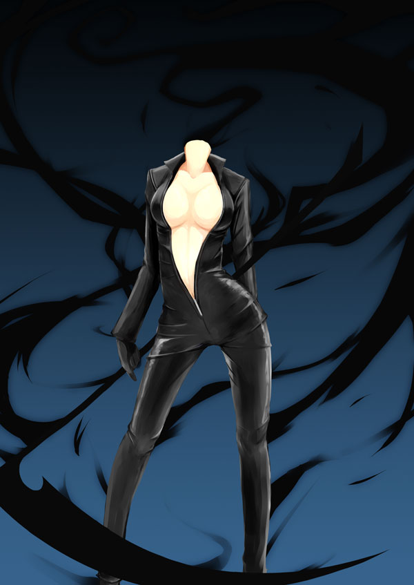 1girl arm_behind_back biker_clothes bikesuit blue_background bodysuit breasts breasts_apart celty_sturluson center_opening ckros-15 cleavage collarbone contrapposto dullahan durarara!! gloves gradient gradient_background headless high_collar holding holding_weapon large_breasts legs_apart navel open_clothes polearm scythe skin_tight solo standing unzipped weapon