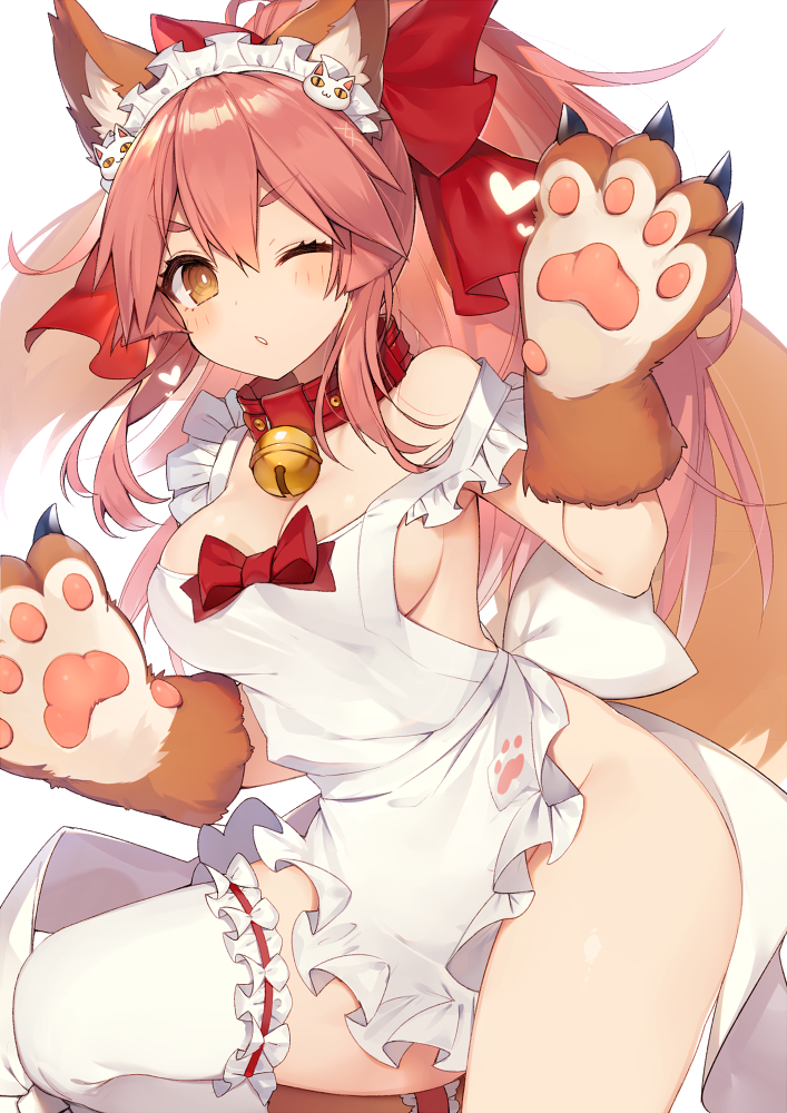 1girl animal_ears apron bangs bare_shoulders bell bell_collar blush bow breasts cat_hair_ornament cat_paws cleavage collar commentary_request cowboy_shot fate/grand_order fate_(series) fox_ears fox_tail frilled_apron frills gloves hair_between_eyes hair_bow hair_ornament jingle_bell large_breasts long_hair looking_at_viewer maid_headdress muryotaro naked_apron one_eye_closed orange_eyes parted_lips paw_gloves paw_print paws pink_hair pink_heart ponytail red_bow simple_background standing standing_on_one_leg tail tamamo_(fate)_(all) tamamo_cat_(fate) thigh-highs white_apron white_background white_legwear
