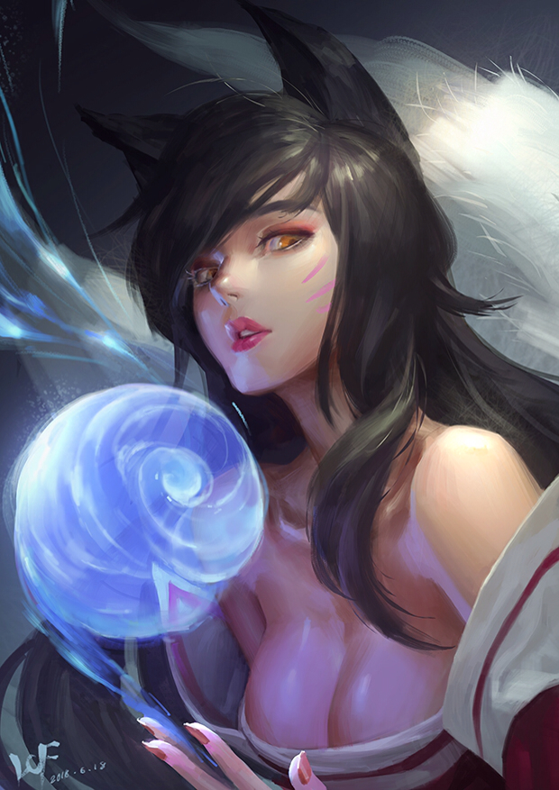 1girl ahri animal_ears artist_name bare_shoulders black_hair breasts cleavage collarbone dated detached_sleeves energy_ball facial_mark fang fingernails fox_ears fox_tail korean_clothes large_breasts league_of_legends li_chunfu lipstick long_hair makeup multiple_tails nail_polish parted_lips solo tail whisker_markings yellow_eyes