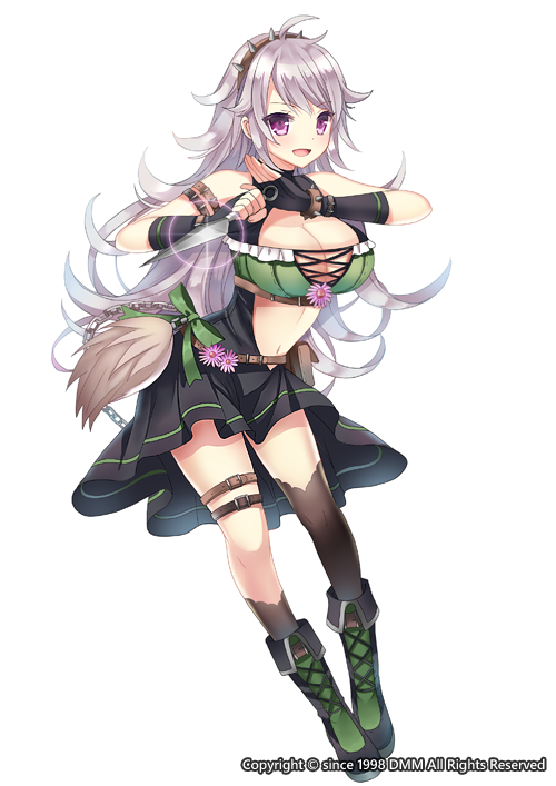 1girl bare_shoulders black_gloves black_legwear black_skirt boots bow breasts cleavage echinacea_(flower_knight_girl) fingerless_gloves flower_knight_girl full_body gloves green_bow grey_hair hairband kunai kurot large_breasts long_hair looking_at_viewer official_art open_mouth single_thighhigh skirt smile solo thigh-highs violet_eyes weapon white_background