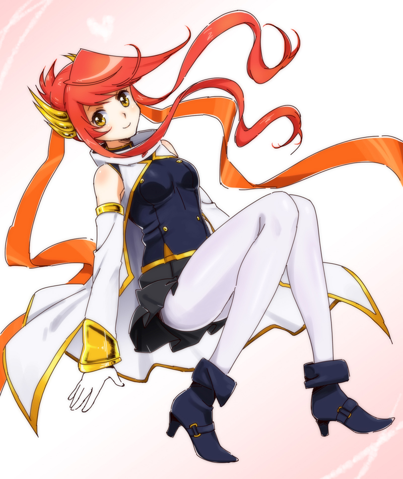 1girl bare_shoulders blush breasts chiyo_(no3baki) detached_sleeves duel_monster gagaga_clerk gloves hair_ornament long_hair looking_at_viewer medium_breasts multicolored_hair orange_hair redhead skirt smile solo thigh-highs very_long_hair white_gloves white_legwear yu-gi-oh!