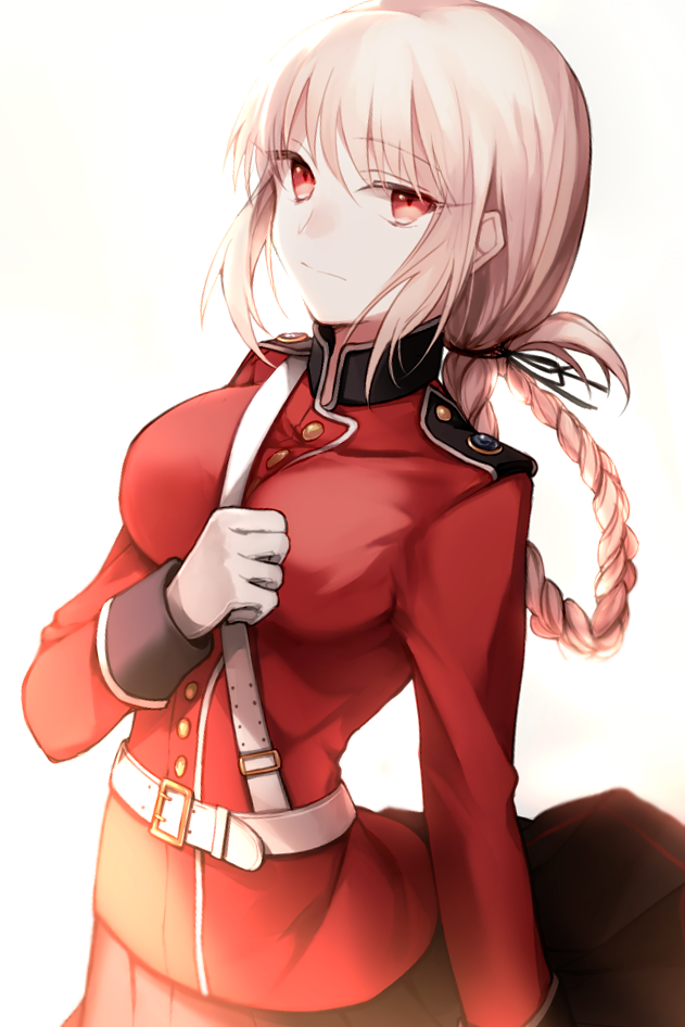 1girl belt black_ribbon black_skirt braid breasts fate/grand_order fate_(series) florence_nightingale_(fate/grand_order) gloves hair_ribbon large_breasts long_hair long_sleeves looking_at_viewer military military_uniform pink_hair red_eyes ribbon single_braid skirt solo tied_hair uniform upper_body white_gloves wowishi