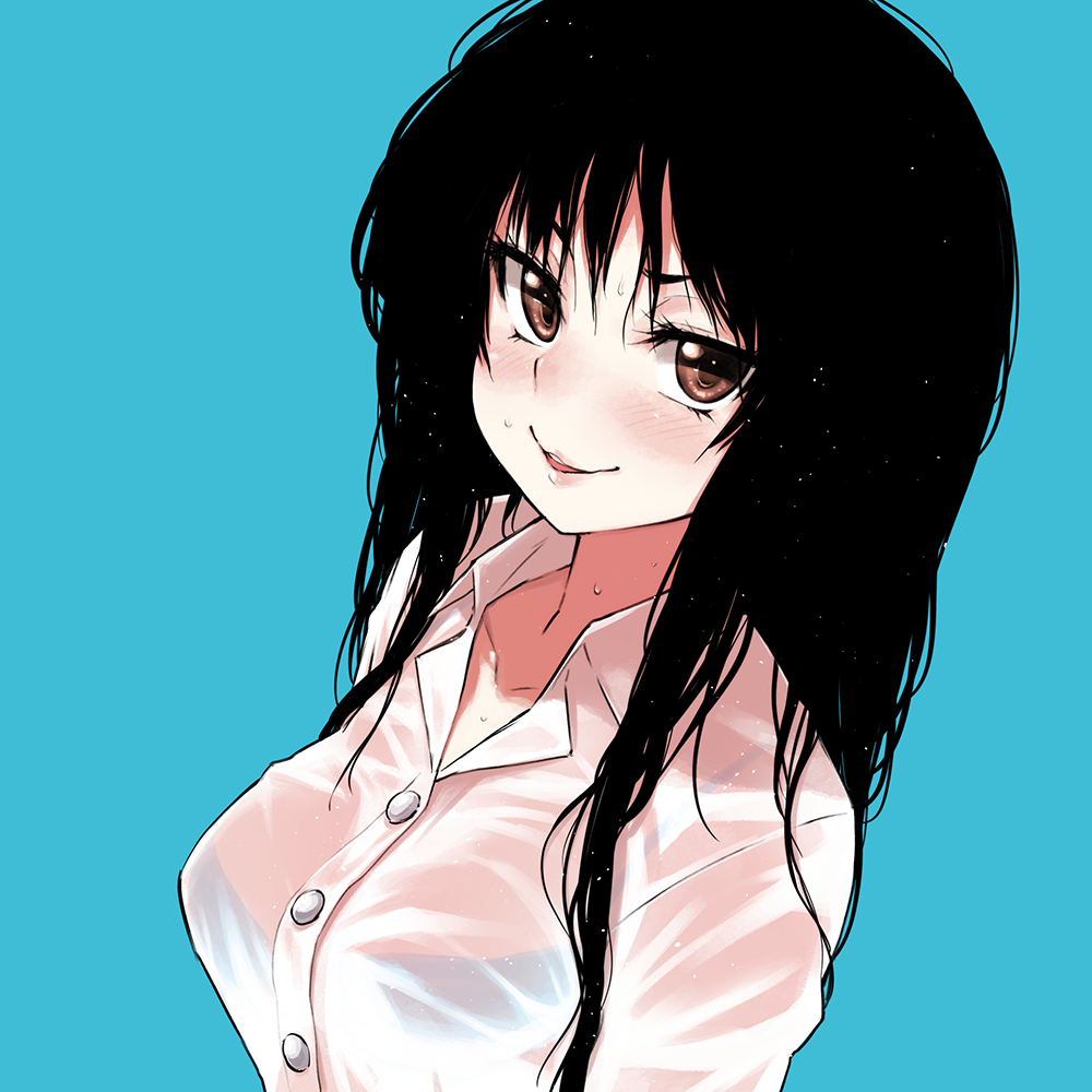 1girl alphy black_hair blue_background blue_bra bra brown_eyes buttons collarbone collared_shirt eyelashes fon_(alphy) long_hair looking_at_viewer original parted_lips pink_lips see-through shirt simple_background smile solo underwear upper_body wet wet_clothes wet_hair wet_shirt wing_collar