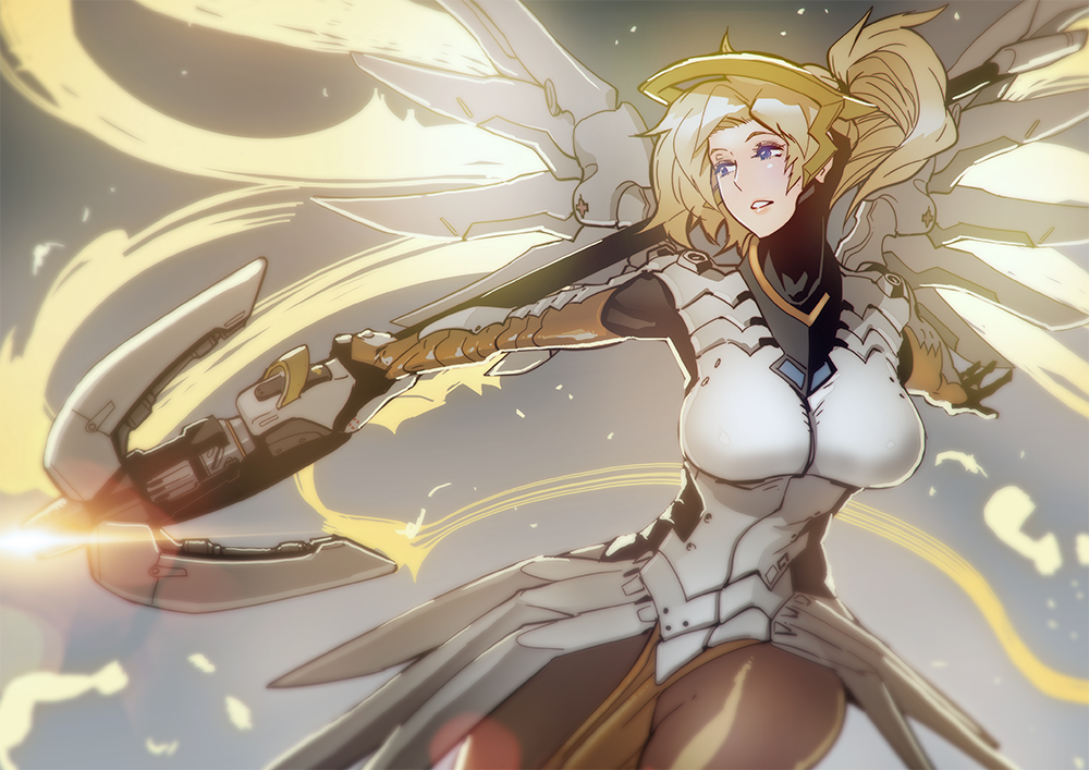 1girl blonde_hair blue_eyes bodysuit breasts butcherboy high_ponytail lips mechanical_halo mechanical_wings mercy_(overwatch) overwatch pantyhose ponytail short_hair smile solo staff wings