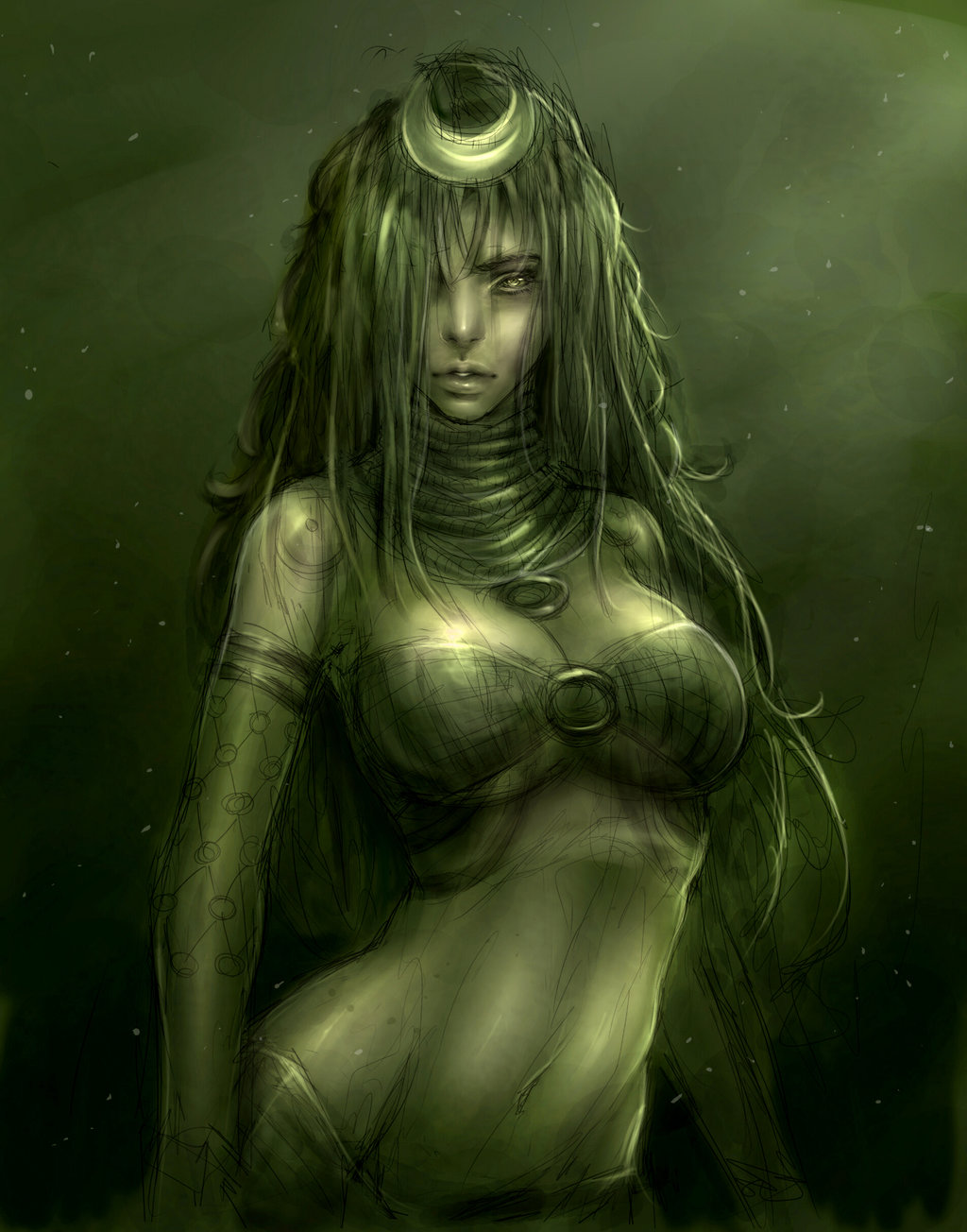 1girl bikini breasts cleavage crescent_hair_ornament dc_comics dccu detached_collar detached_sleeves enchantress enchantress_(dc) female gradient gradient_background june_moon messy_hair midriff solo suicide_squad swimsuit