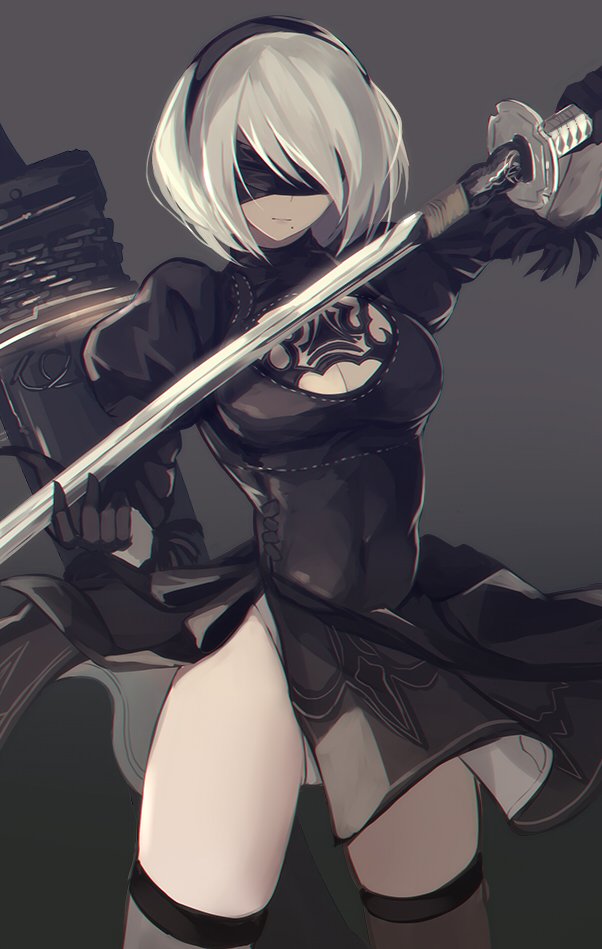 1girl android blindfold cleavage_cutout covered_navel katana mole mole_under_mouth nakaichi_(ridil) nier_automata solo sword thigh-highs weapon white_hair yorha_unit_no._2_type_b