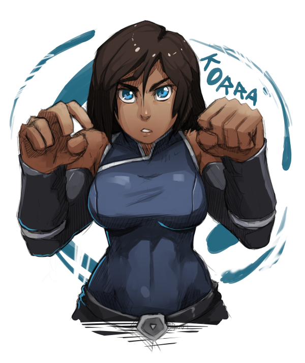 1girl avatar:_the_last_airbender avatar_(series) blue_eyes breasts brown_hair dark_skin korra sleeveless solo the_legend_of_korra upper_body whistle_frog