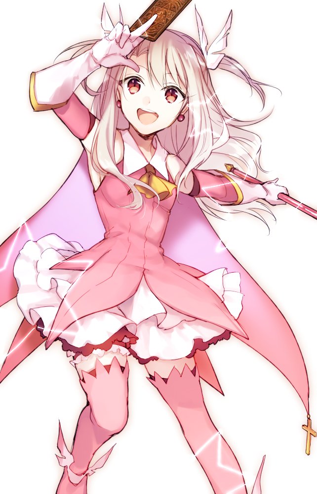 1girl :d armpits ascot bare_shoulders breasts cape card cravat cross detached_sleeves earrings fate/kaleid_liner_prisma_illya fate_(series) gloves hair_ribbon illyasviel_von_einzbern jewelry long_hair looking_at_viewer magical_girl open_mouth pink_legwear prisma_illya red_eyes ribbon sideboob silver_hair skirt smile solo thigh-highs two_side_up wand white_gloves white_ribbon white_skirt wowishi