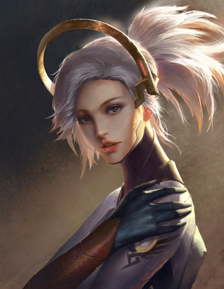 1girl alternate_eye_color alternate_hair_color armor black_gloves bodysuit emblem gloves grey_eyes hand_on_own_shoulder headgear high_collar li_chunfu lips looking_at_viewer mechanical_halo mercy_(overwatch) overwatch parted_lips pink_lips ponytail short_hair silver_hair solo turtleneck upper_body wing_print