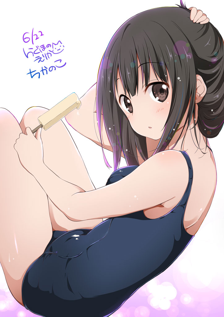 1girl :o arm_up artist_name bare_arms bare_legs bare_shoulders black_hair black_swimsuit blush body_blush breasts brown_eyes chijou_noko chikanoko copyright_name dated eyebrows eyebrows_visible_through_hair food from_side hand_on_head holding holding_food leaning_back legs_up looking_at_viewer md5_mismatch medium_breasts melting old_school_swimsuit one-piece_swimsuit open_mouth original popsicle ragho_no_erika school_swimsuit short_hair signature simple_background sitting skin_tight solo swimsuit tareme white_background
