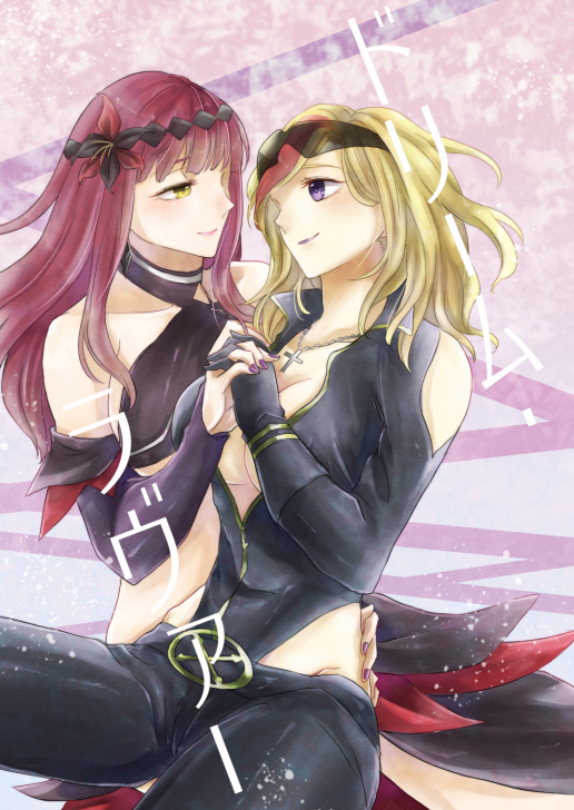 2girls bare_shoulders black_gloves blonde_hair breasts detached_sleeves eye_contact glasses gloves hand_holding hasumi_rain interlocked_fingers lady_j large_breasts long_hair looking_at_another multiple_girls nail_polish purple_hair sitting sunglasses valkyrie_drive valkyrie_drive_-mermaid- violet_eyes yellow_eyes yuri