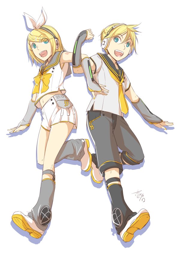 1boy 1girl arm_tattoo arm_warmers artist_name bangs bass_clef blonde_hair blue_eyes blunt_bangs brother_and_sister buttons commentary_request crossed_arms fortissimo grey_shirt hair_ornament hair_ribbon hairclip headphones ichi_ka kagamine_len kagamine_len_(vocaloid4) kagamine_rin kagamine_rin_(vocaloid4) leg_warmers looking_at_viewer midriff navel necktie pleated_skirt ribbon sailor_collar screen shirt shoes short_hair shorts siblings signature skirt sleeveless sleeveless_shirt smile speaker tattoo tennis_shoes treble_clef twins v4x vocaloid white_background white_skirt