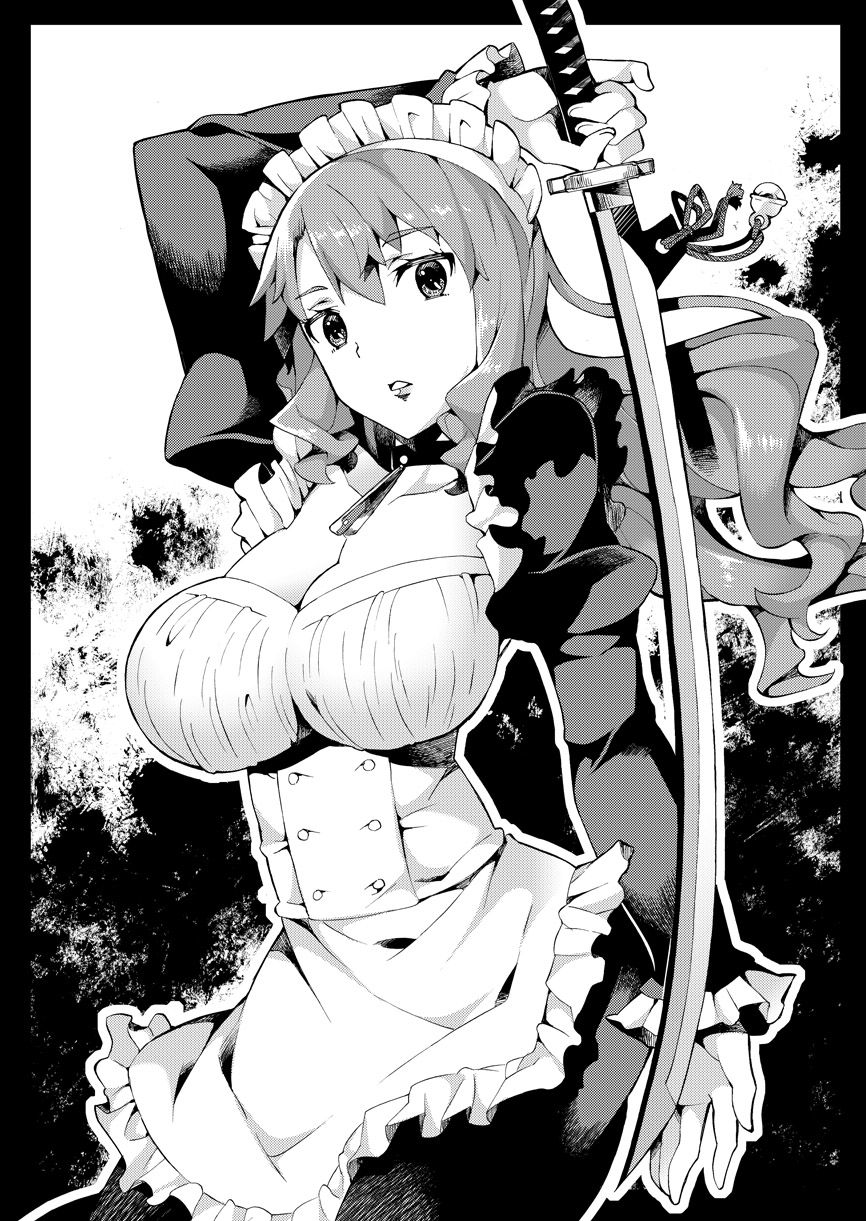 1girl apron bangs breasts choker cleavage cowboy_shot dress fighting_stance highres holding holding_weapon juliet_sleeves katana large_breasts long_hair long_sleeves looking_at_viewer maid maid_apron maid_headdress monochrome original outdoors parted_lips puffy_sleeves solo sword takano_itsuki weapon