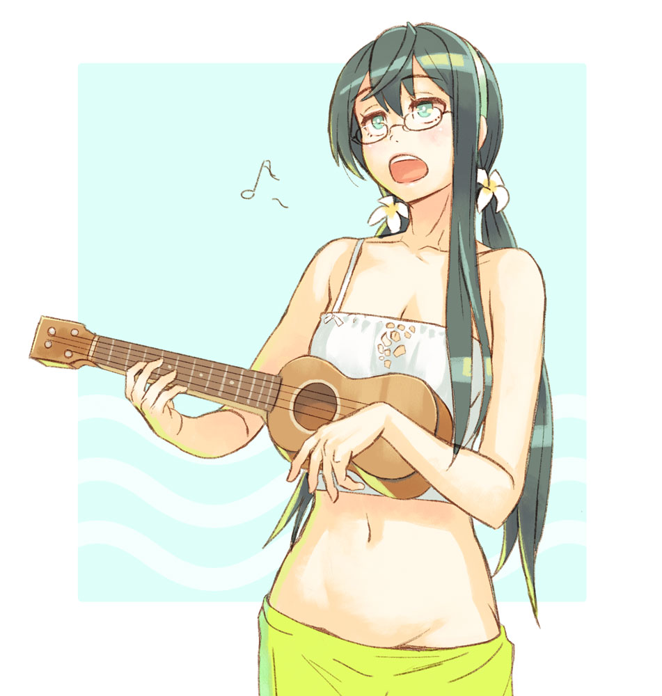 1girl and bare_shoulders black_hair blue_eyes flower glasses hair_flower hair_ornament hairband instrument kantai_collection long_hair midriff music musical_note navel ooyodo_(kantai_collection) open_mouth semi-rimless_glasses singing solo twintails ukulele under-rim_glasses upper_body yuuji_(and)