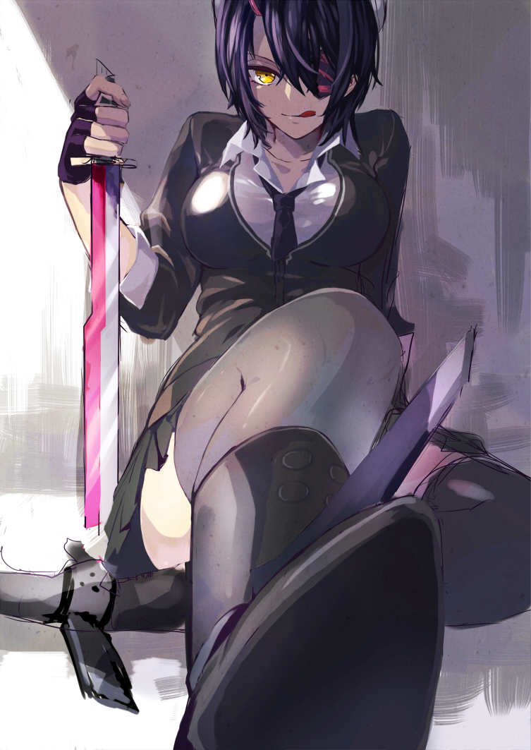 1girl :q black_legwear boots breasts eyepatch fingerless_gloves gari_(apollonica) gloves kantai_collection looking_at_viewer necktie pleated_skirt purple_hair short_hair skirt solo sweater sword tenryuu_(kantai_collection) thigh-highs tongue tongue_out weapon yellow_eyes