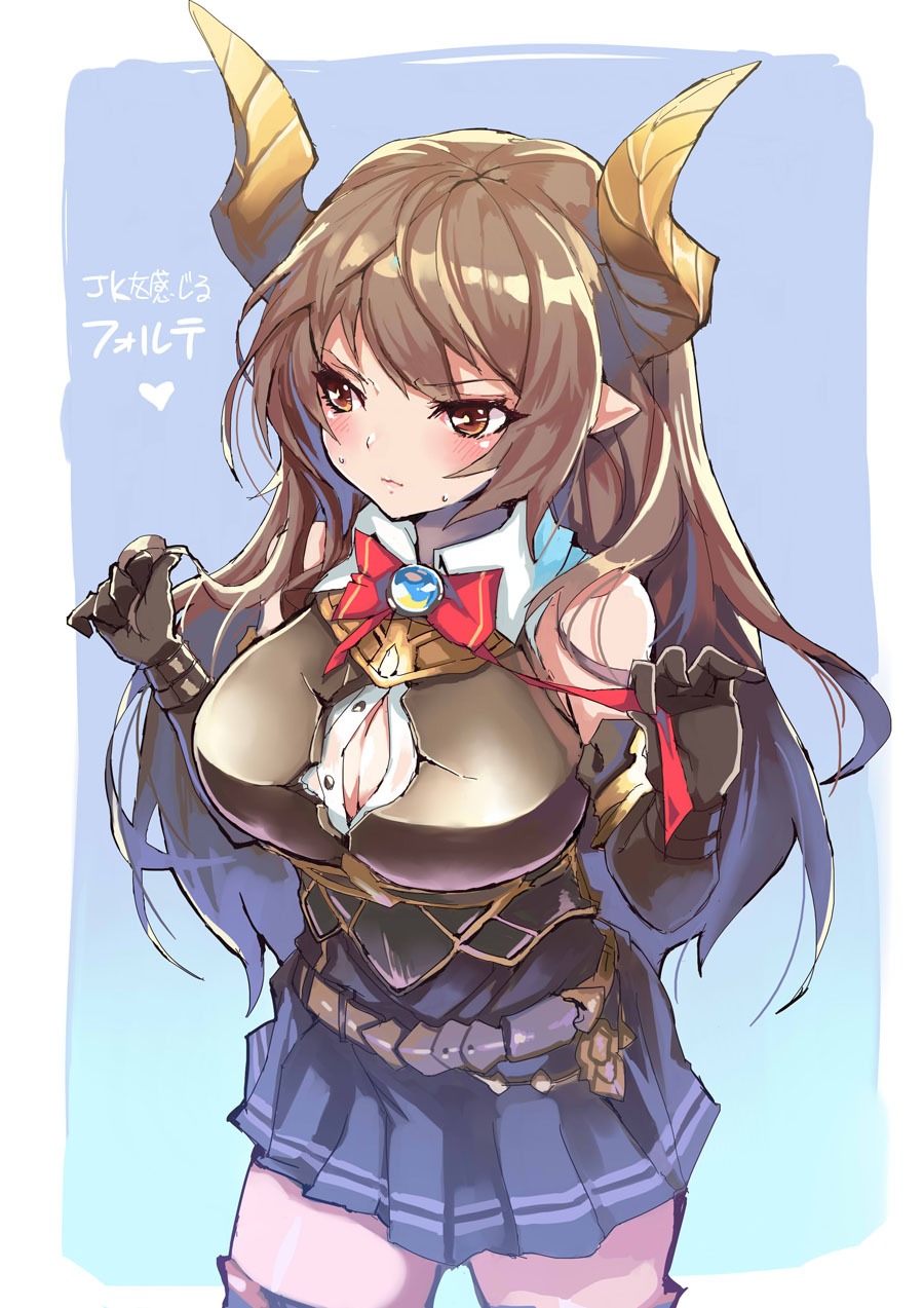 1girl armor bare_shoulders belt blush bow bowtie breastplate breasts broken_armor brown_eyes brown_hair bursting_breasts ceda_(dace) cleavage closed_mouth doraf elbow_gloves forte_(shingeki_no_bahamut) gloves granblue_fantasy highres horns large_breasts long_hair miniskirt open_clothes open_shirt pleated_skirt pointy_ears shingeki_no_bahamut shirt skirt solo thigh-highs zettai_ryouiki