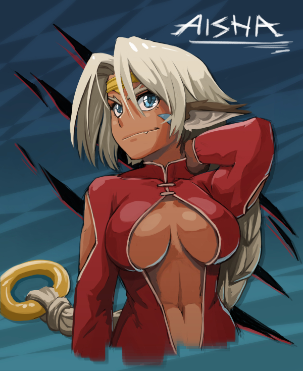 1girl 90s aisha_clanclan alternate_costume animal_ears blue_eyes braid breasts cat_ears center_opening character_name circlet commentary dark_skin eyebrows facial_mark fang large_breasts long_hair navel no_bra outlaw_star silver_hair single_braid solo under_boob upper_body whistle_frog