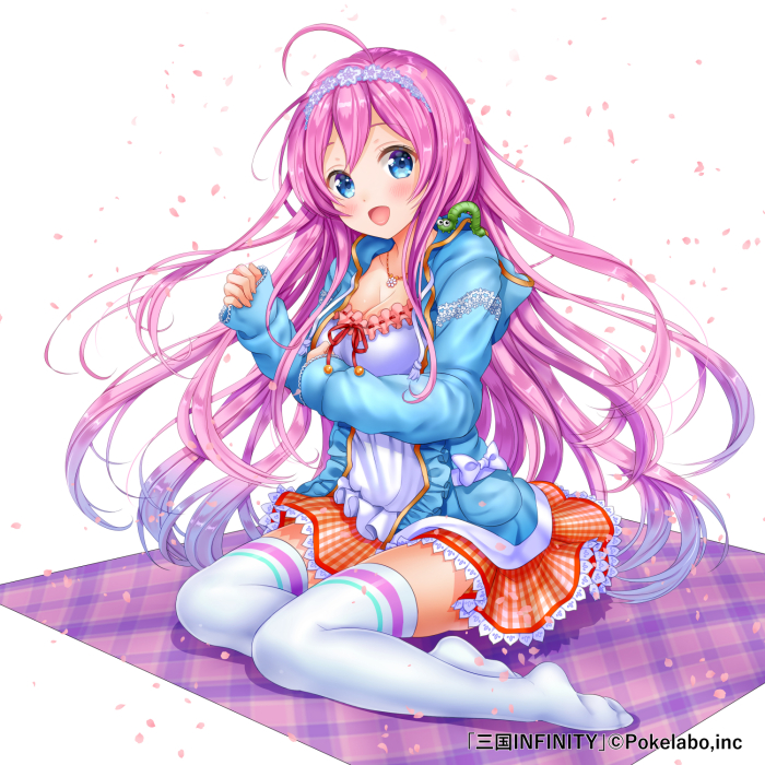 1girl ahoge bangs blue_eyes blush bow breasts caterpillar cleavage collarbone company_name copyright_name dress full_body headband jewelry long_hair looking_at_viewer moyon necklace no_shoes official_art open_mouth petals pink_hair sangoku_infinity simple_background sleeves_past_wrists solo thigh-highs very_long_hair white_background white_legwear