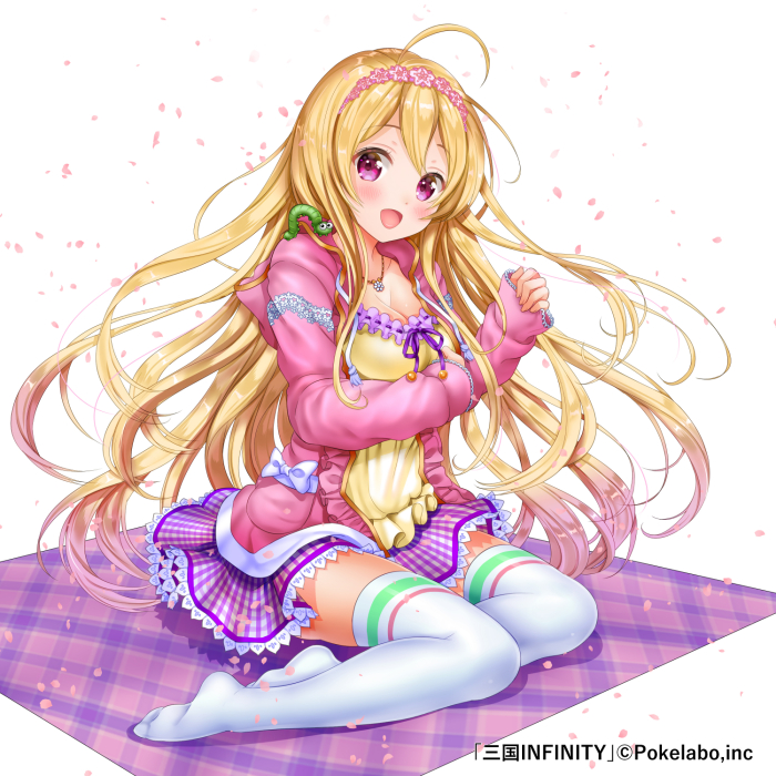 1girl ahoge bangs blonde_hair blush bow breasts caterpillar cleavage collarbone company_name copyright_name dress full_body headband jewelry long_hair looking_at_viewer moyon necklace no_shoes official_art open_mouth petals pink_eyes sangoku_infinity simple_background sleeves_past_wrists solo thigh-highs very_long_hair white_background white_legwear