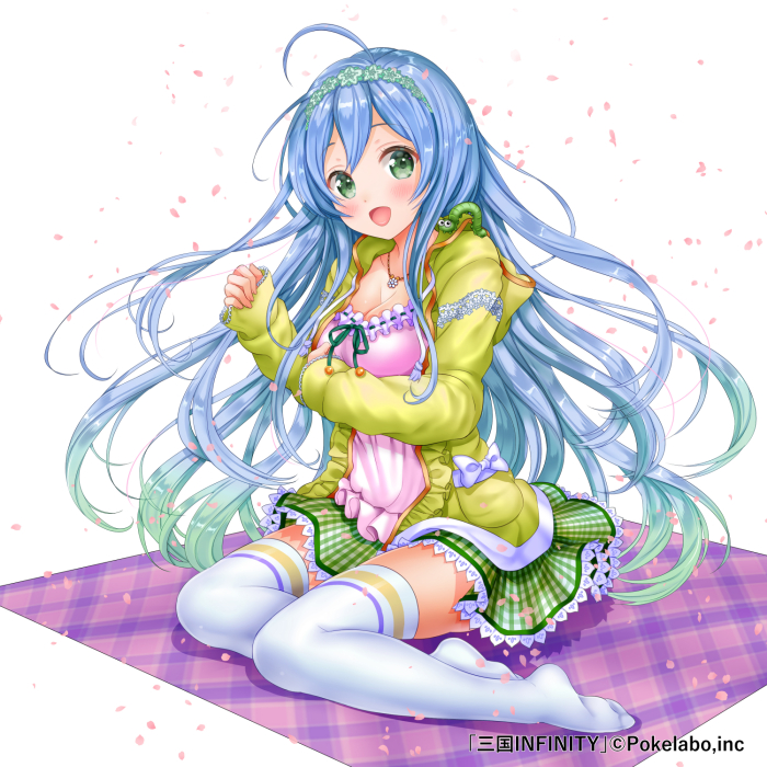 1girl ahoge bangs blue_hair blush bow breasts caterpillar cleavage collarbone company_name copyright_name dress full_body green_eyes headband jewelry long_hair looking_at_viewer moyon necklace no_shoes official_art open_mouth petals sangoku_infinity simple_background sleeves_past_wrists solo thigh-highs very_long_hair white_background white_legwear