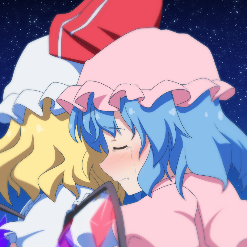 2girls blonde_hair blue_hair blush cato_(monocatienus) closed_eyes commentary_request crying fang_out flandre_scarlet hat hug mob_cap multiple_girls remilia_scarlet short_hair streaming_tears tears touhou wings
