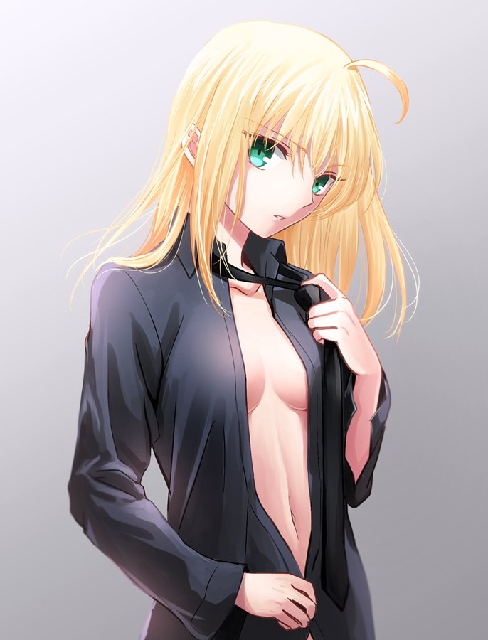 1girl ahoge black_necktie black_shirt blonde_hair breasts center_opening collarbone fate/zero fate_(series) green_eyes long_hair long_sleeves looking_at_viewer navel necktie parted_lips saber shirt solo sushimaro under_boob undressing upper_body