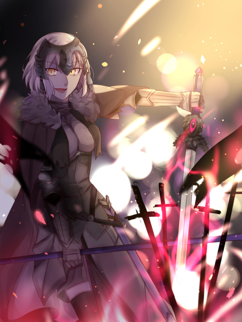 1girl armor artist_request blonde_hair cape fate/apocrypha fate/grand_order fate_(series) field_of_blades highres jeanne_alter looking_at_viewer pale_skin ruler_(fate/apocrypha) ruler_(fate/grand_order) scabbard sheath short_hair solo sword weapon yellow_eyes