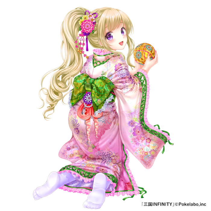 1girl bangs blonde_hair blush bow company_name copyright_name floral_print from_behind full_body green_bow hair_ornament holding kneeling long_hair looking_at_viewer looking_back moyon official_art open_mouth ponytail sangoku_infinity simple_background solo violet_eyes white_background white_legwear wide_sleeves