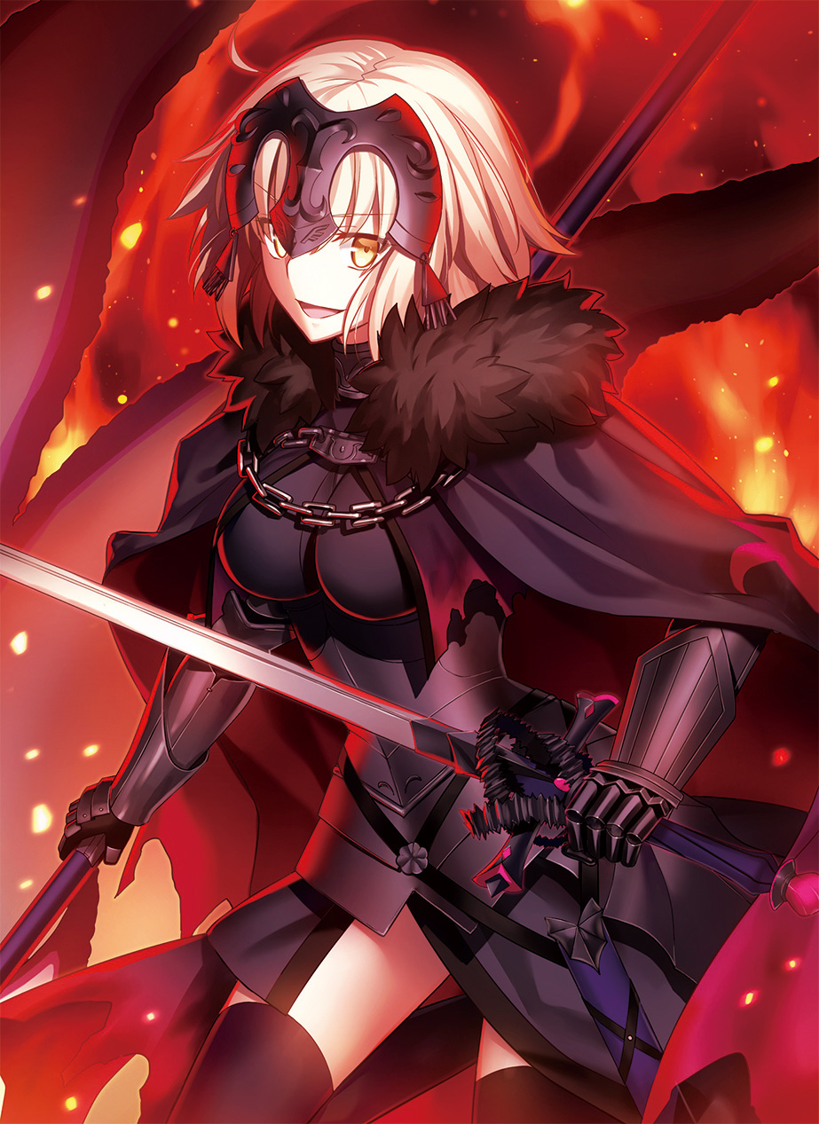1girl :d armor armored_dress bangs black_cape black_dress black_legwear blonde_hair breasts chains cowboy_shot dress dual_wielding eyebrows eyebrows_visible_through_hair fate/grand_order fate_(series) fire fringe fur_trim fuyuki_(neigedhiver) garter_straps gauntlets headpiece highres holding holding_sword holding_weapon jeanne_alter large_breasts looking_at_viewer open_mouth ruler_(fate/apocrypha) ruler_(fate/grand_order) sheath smile solo sword thigh-highs torn_clothes weapon yellow_eyes