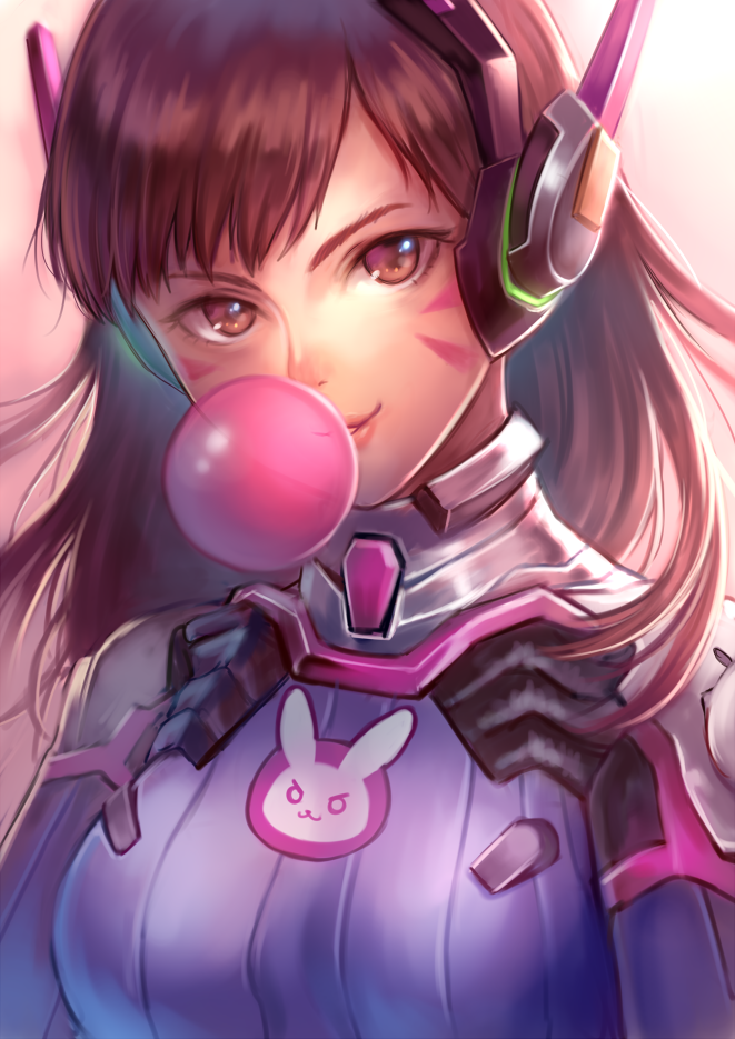 1girl bangs bodysuit breasts brown_eyes brown_hair bubble_blowing bubblegum d.va_(overwatch) face facial_mark headphones lips long_hair looking_at_viewer nishizawa overwatch pilot_suit skin_tight smile solo swept_bangs upper_body whisker_markings