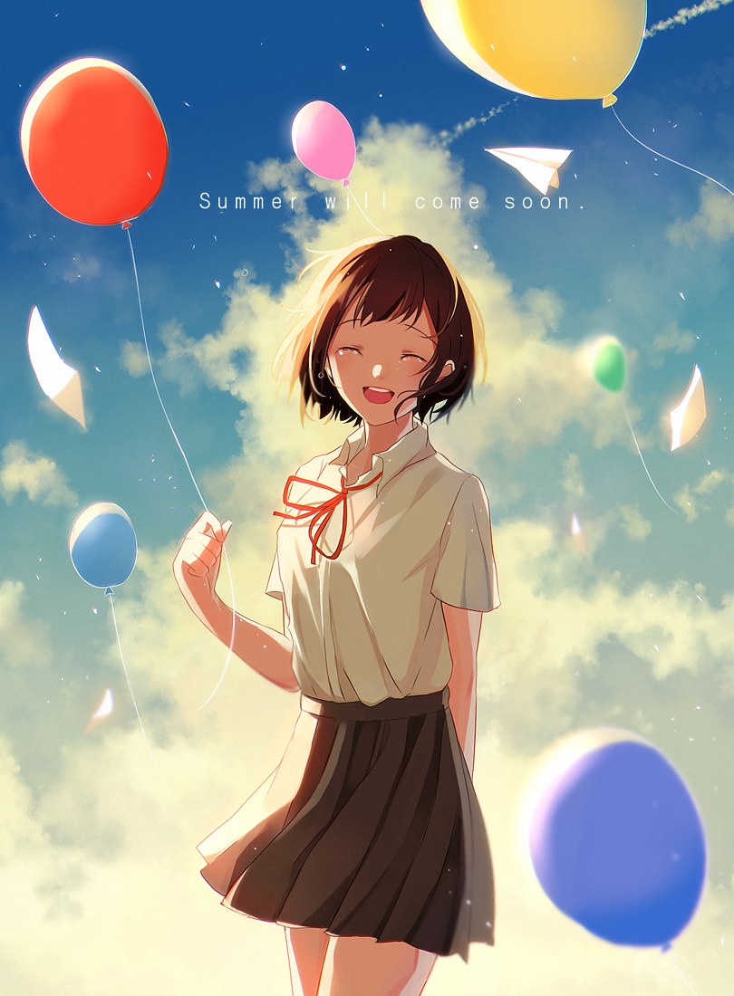 1girl :d arm_behind_back balloon brown_hair brown_skirt closed_eyes clouds collared_shirt english flying_paper head_tilt holding konomi_(kumagai20) neck_ribbon open_mouth original paper pleated_skirt red_ribbon ribbon school_uniform shirt short_hair short_sleeves skirt sky smile solo tears white_shirt wing_collar