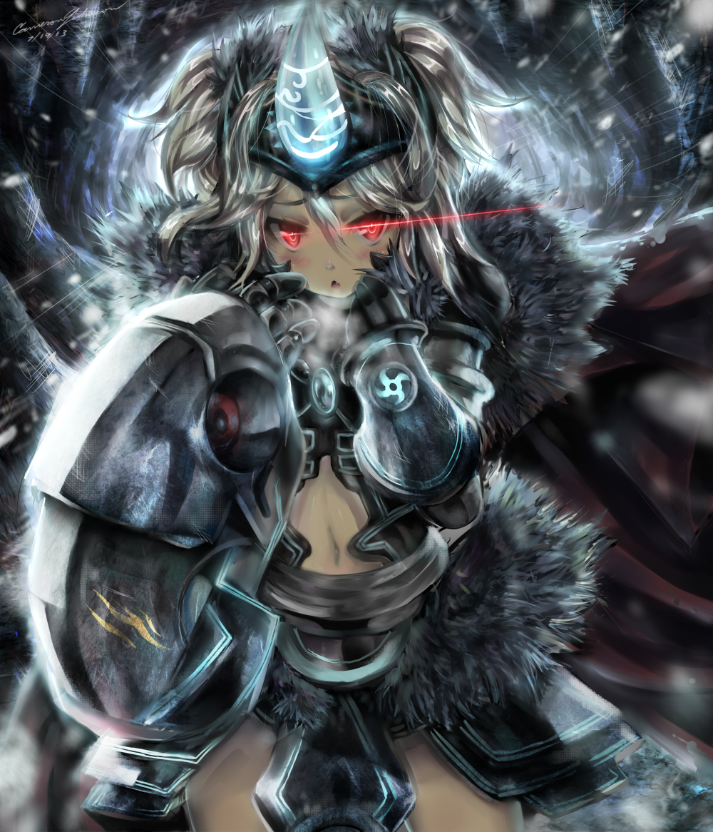 1girl armor artist_name blush cameron_johnson dark_skin dated fang fur glowing glowing_eyes grey_hair hair_between_eyes horn latale looking_at_viewer navel number red_eyes solo terror_knight_(latale) triangle_mouth two_side_up